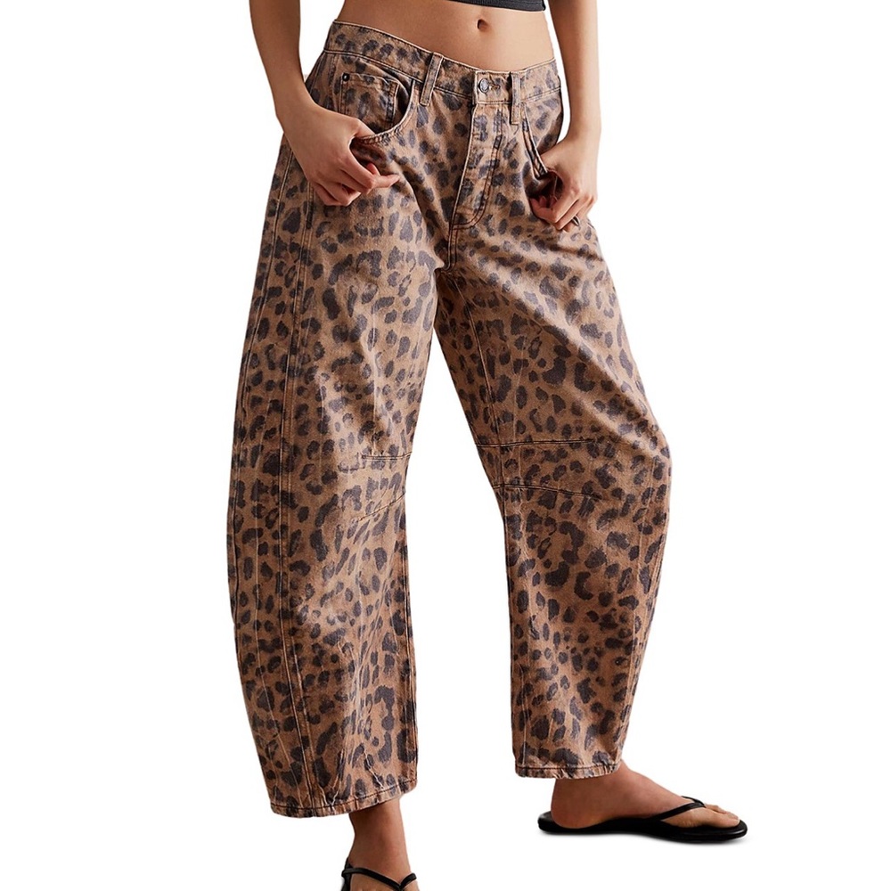 We The Free Good Luck Leopard Barrel Leg Jeans in Brown Sugar